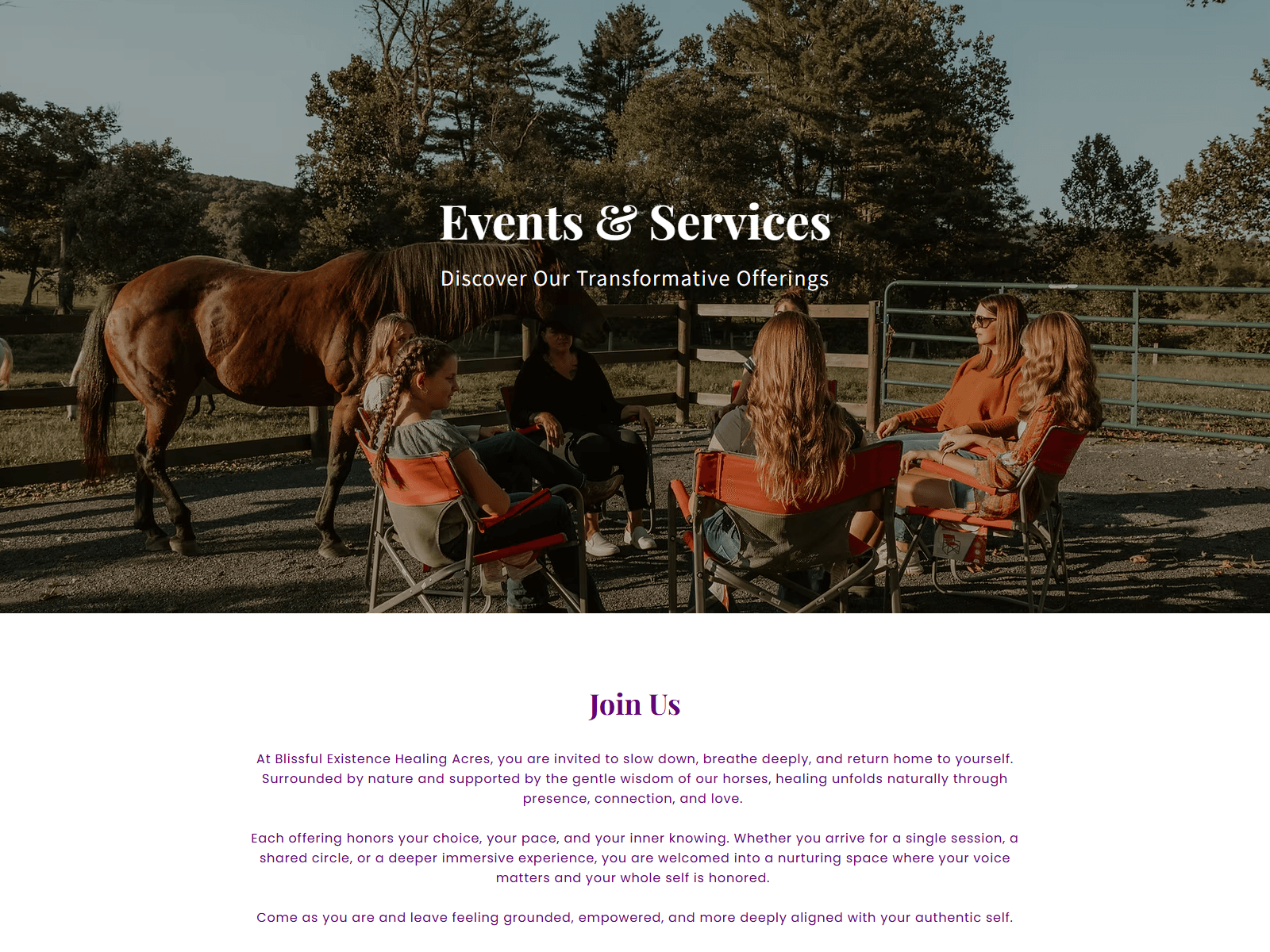 Blissful Existence Healing Acres - Events & Services Page Design
