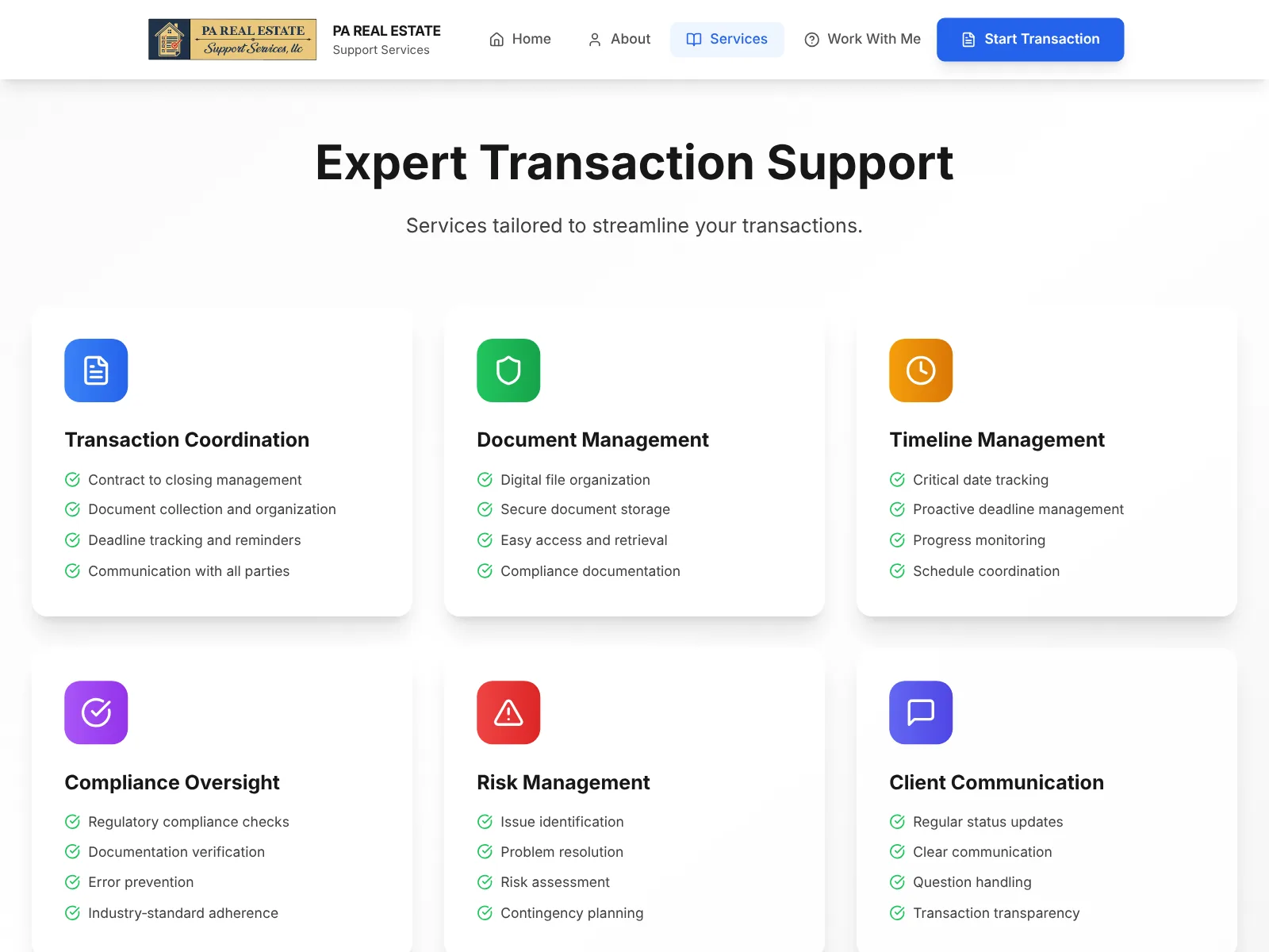 PA Real Estate Support Services website: services in scannable groups