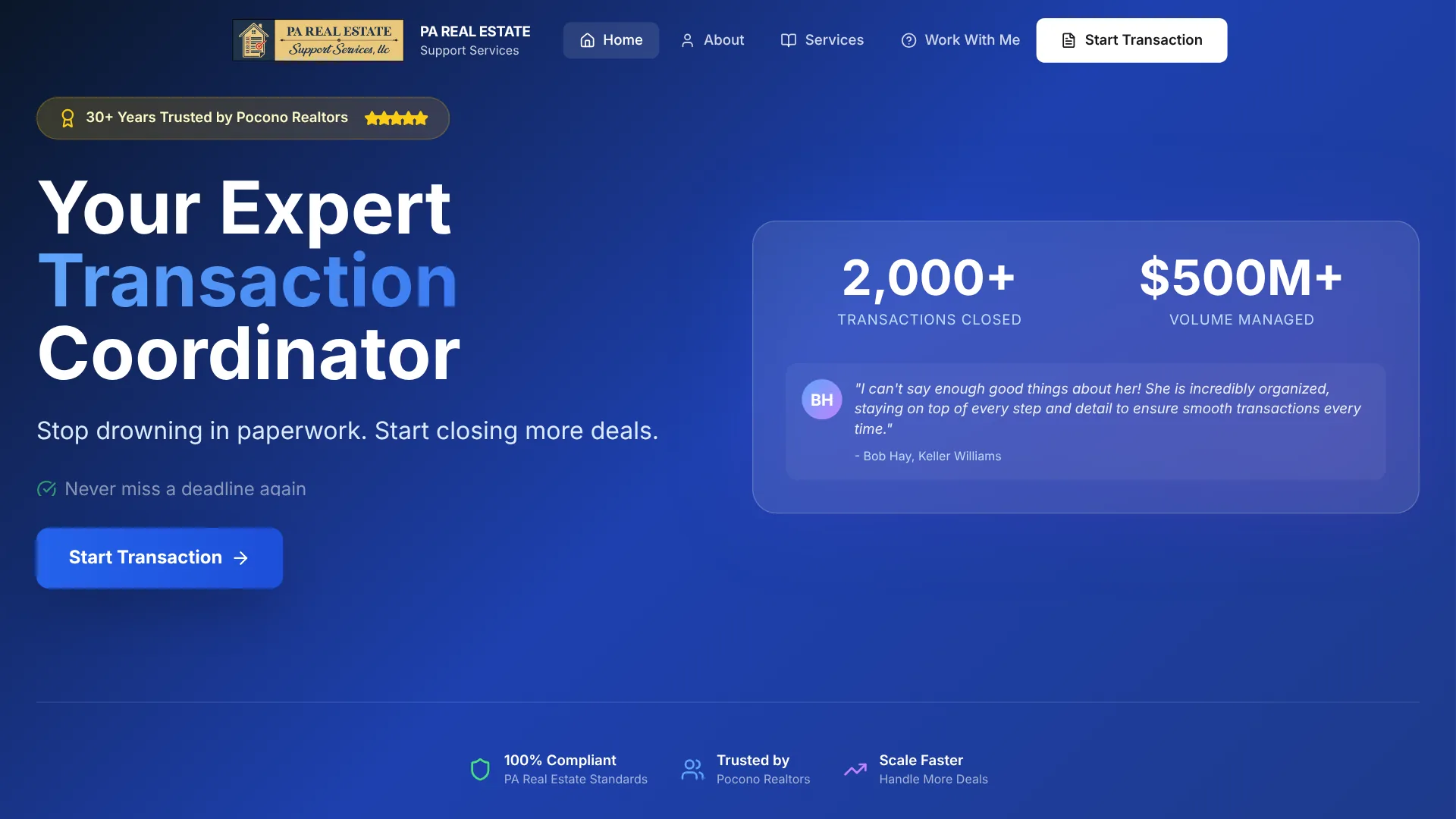 PA Real Estate Support Services website: one action on every page
