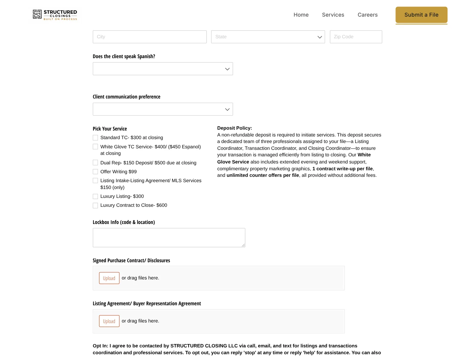 Structured Closings website: a submit a file page that does the intake work