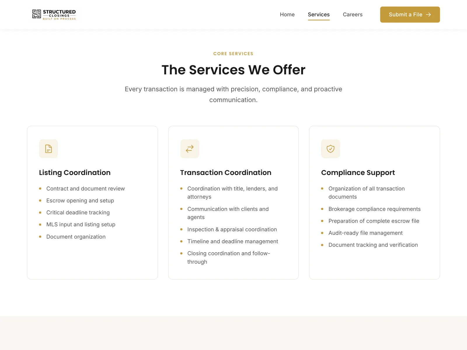 Structured Closings website: services organized the way agents shop for them
