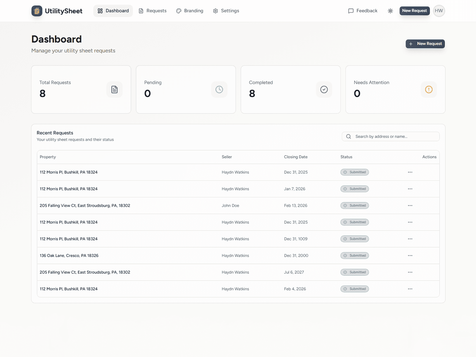 UtilitySheet - Request Dashboard