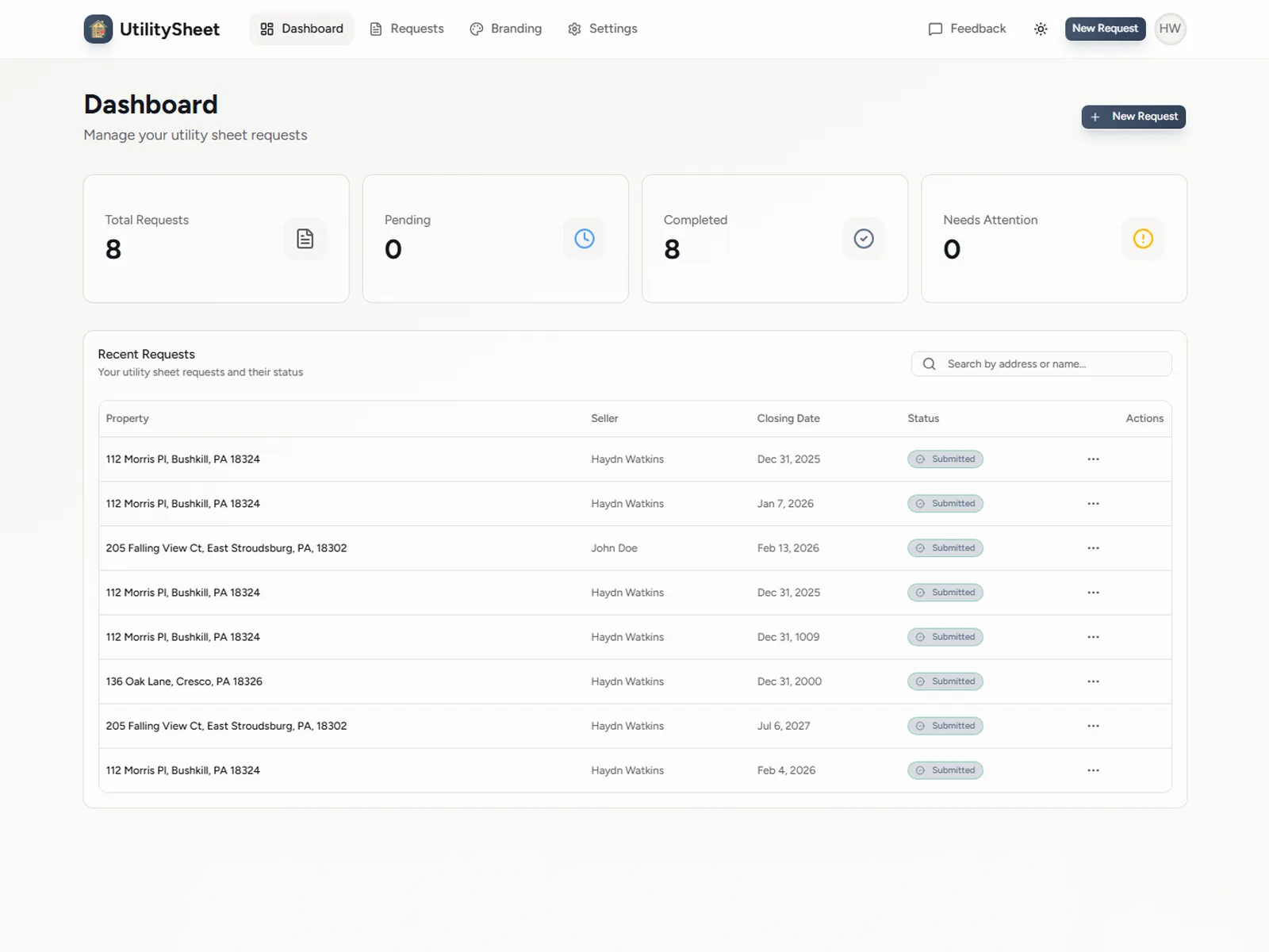 UtilitySheet - Request Dashboard