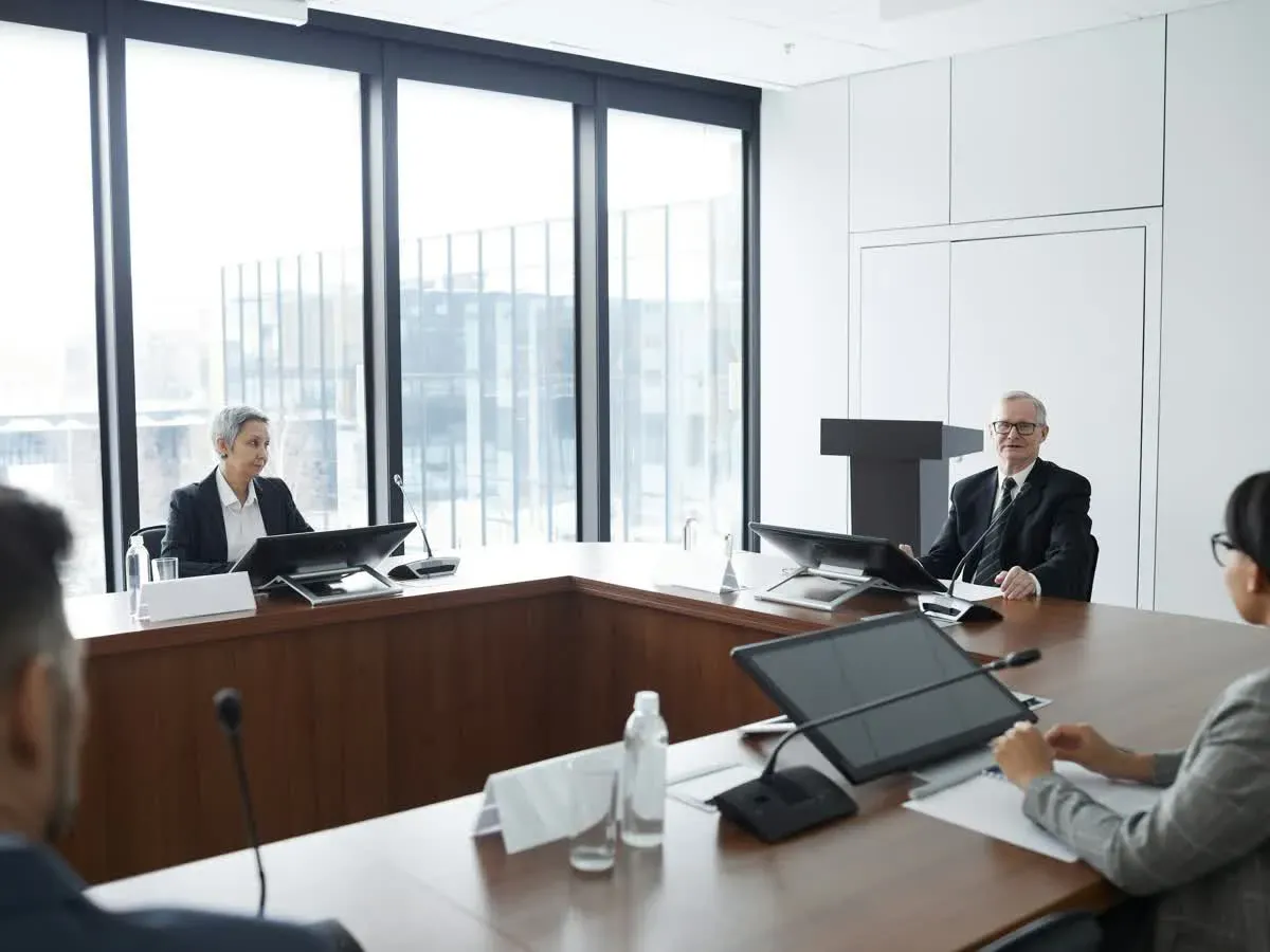 Team reviewing plans together in a polished conference-room setting.